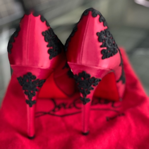 Christian Louboutin Red/Black Satin Heels - Picture 4 of 13